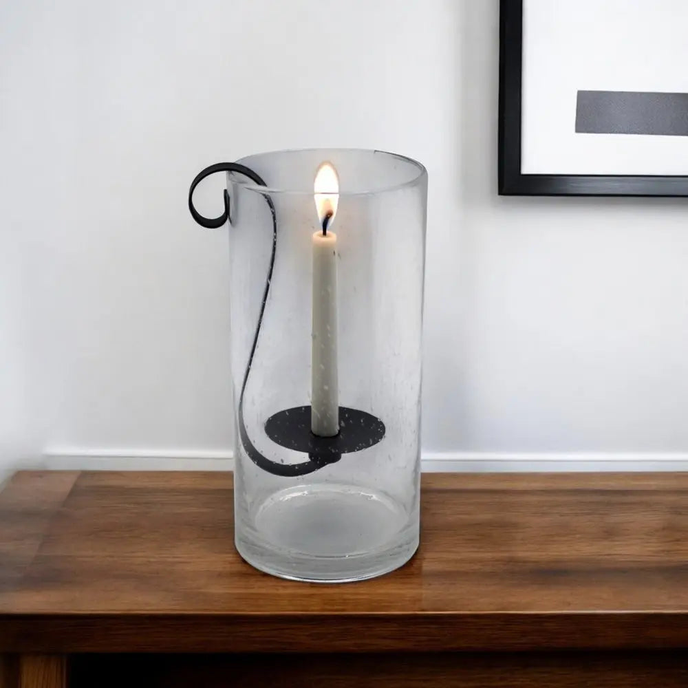 12" Light Gray Glass Centerpiece Taper Candle Holder With Candle - NOBLE HOME INTERIORS