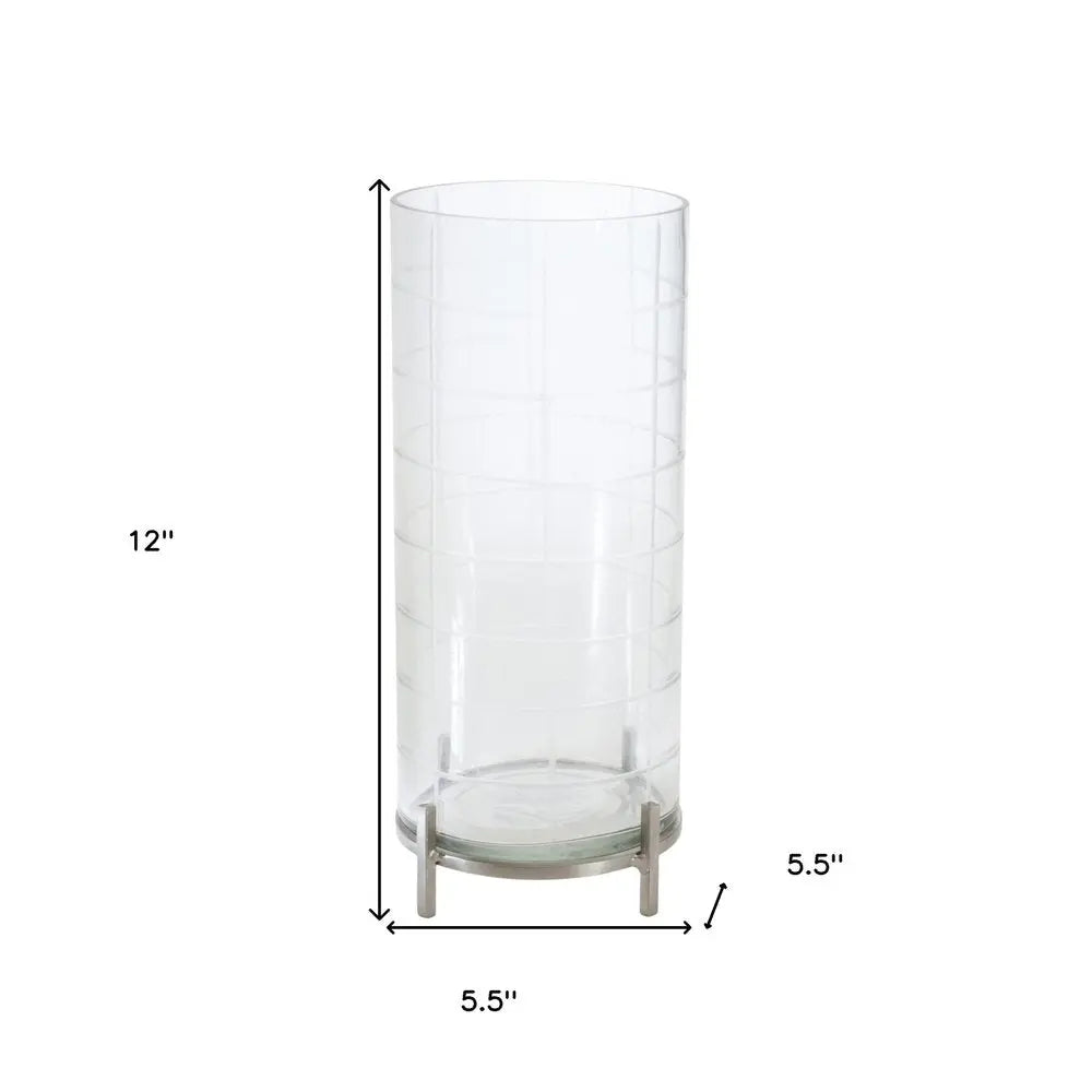 12" Silver And Clear Geometric Iron And Glass Tabletop Hurricane Candle Holder - NOBLE HOME INTERIORS