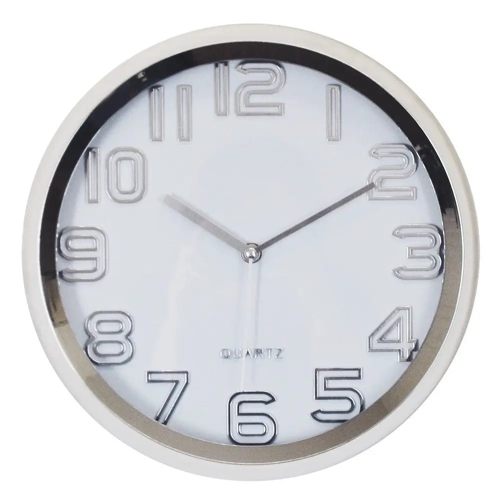 12" Silver And White Heavy Duty Plastic Silent Analog Round Wall Clock - NOBLE HOME INTERIORS