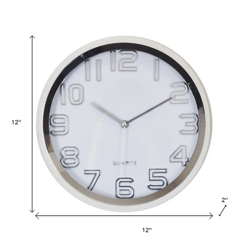 12" Silver And White Heavy Duty Plastic Silent Analog Round Wall Clock - NOBLE HOME INTERIORS