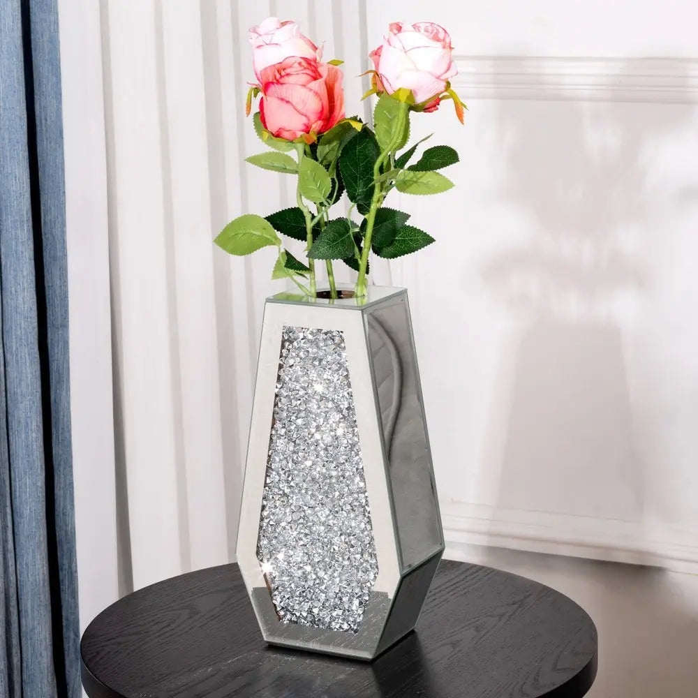 12" Silver Faux Crystal And Mirrored Glass Table Vase - NOBLE HOME INTERIORS