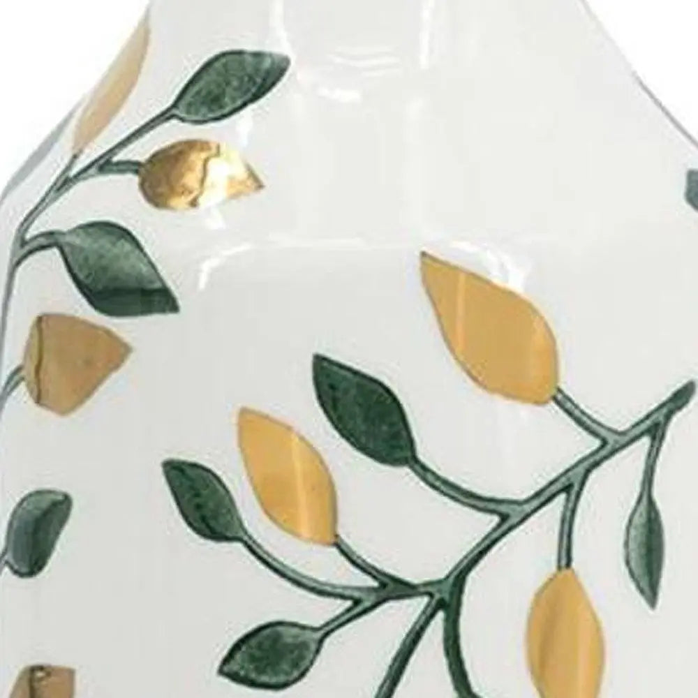 12" White Green And Gold Floral Leaf Bud Ceramic Table Vase - NOBLE HOME INTERIORS