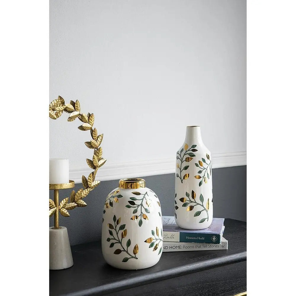 12" White Green And Gold Floral Leaf Bud Ceramic Table Vase - NOBLE HOME INTERIORS