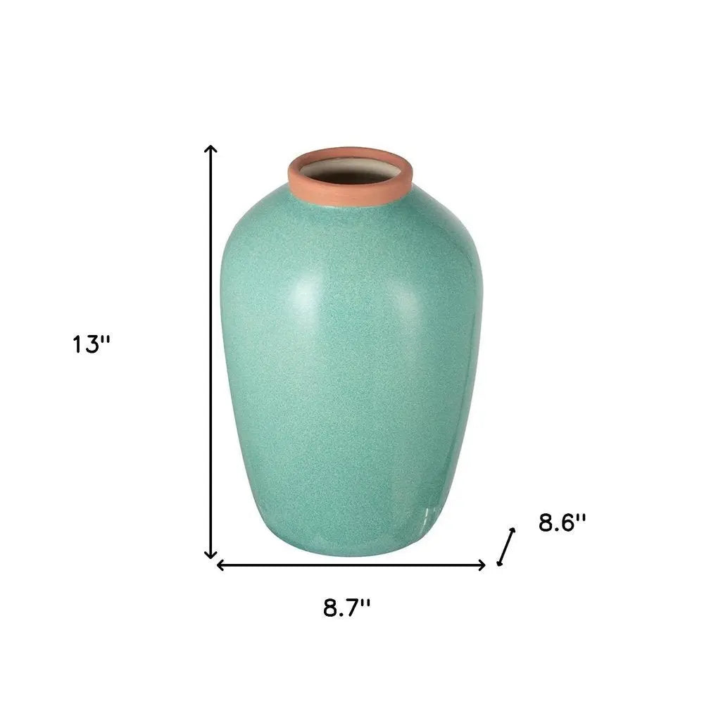 13" Aqua And Terra Cotta Ceramic Round Table Vase - NOBLE HOME INTERIORS