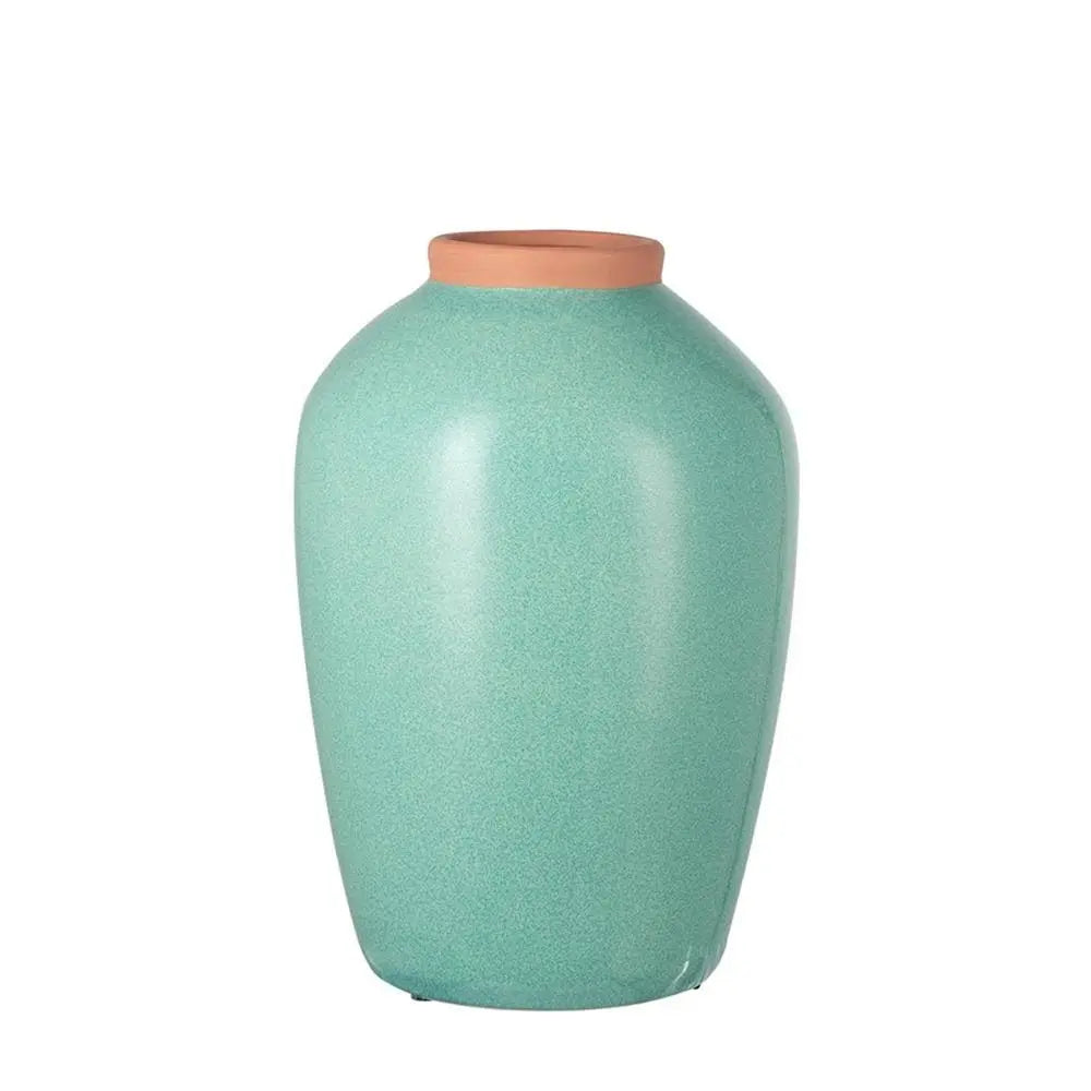 13" Aqua And Terra Cotta Ceramic Round Table Vase - NOBLE HOME INTERIORS