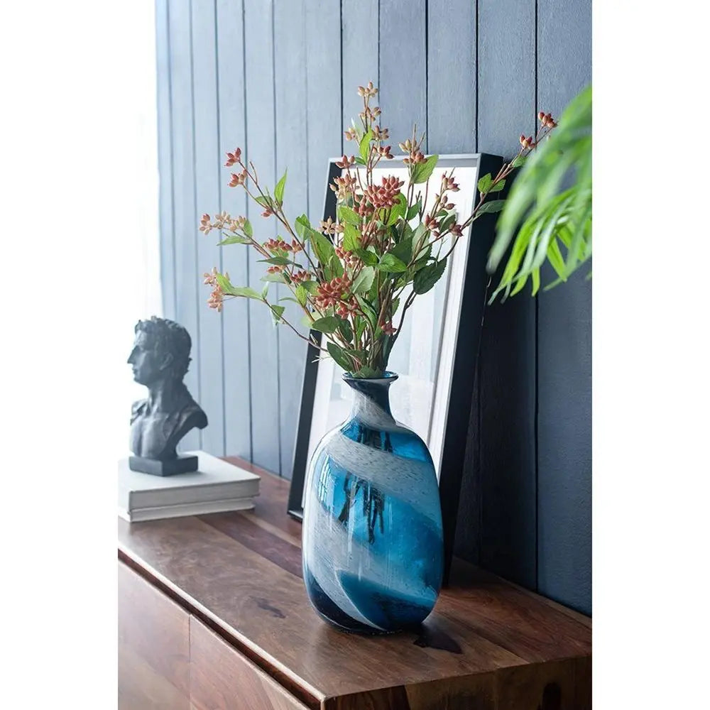 13" Blue And White Striped Swirl Art Glass Table Vase - NOBLE HOME INTERIORS