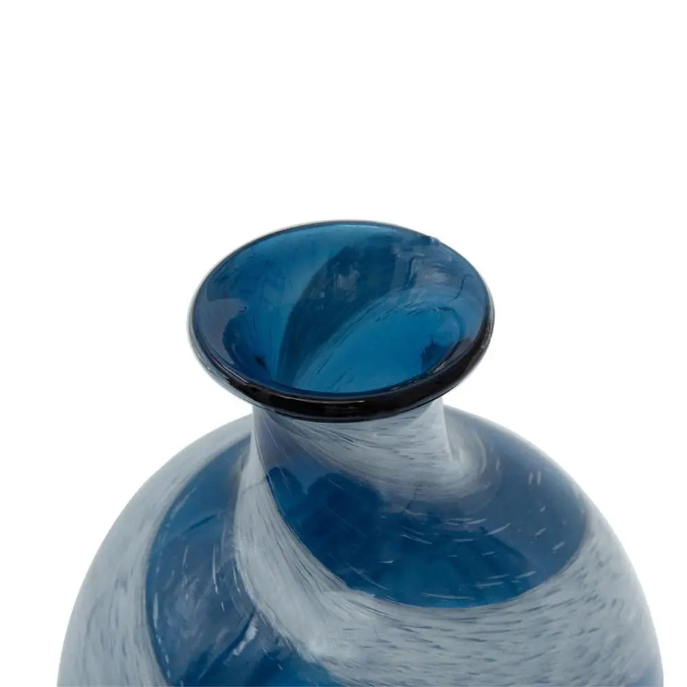 13" Blue And White Striped Swirl Art Glass Table Vase - NOBLE HOME INTERIORS