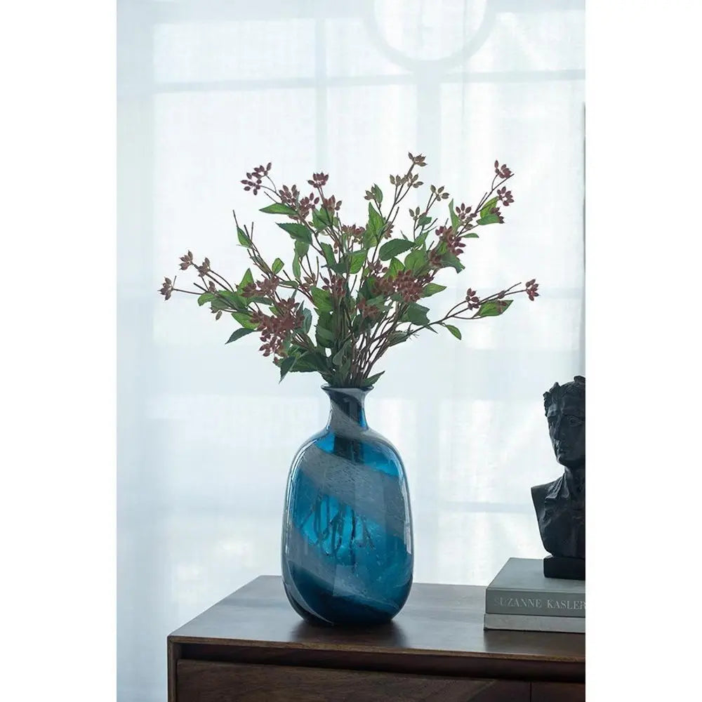 13" Blue And White Striped Swirl Art Glass Table Vase - NOBLE HOME INTERIORS