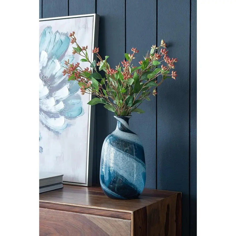 13" Blue And White Striped Swirl Art Glass Table Vase - NOBLE HOME INTERIORS