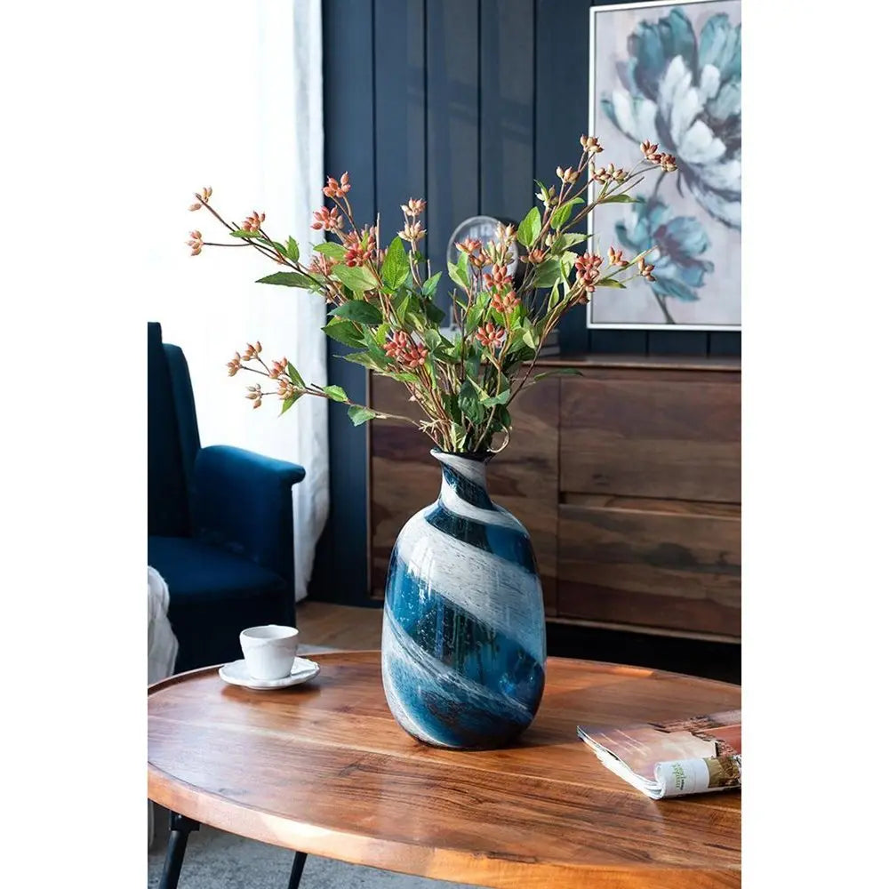 13" Blue And White Striped Swirl Art Glass Table Vase - NOBLE HOME INTERIORS