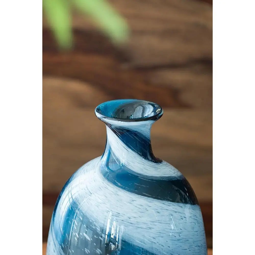13" Blue And White Striped Swirl Art Glass Table Vase - NOBLE HOME INTERIORS