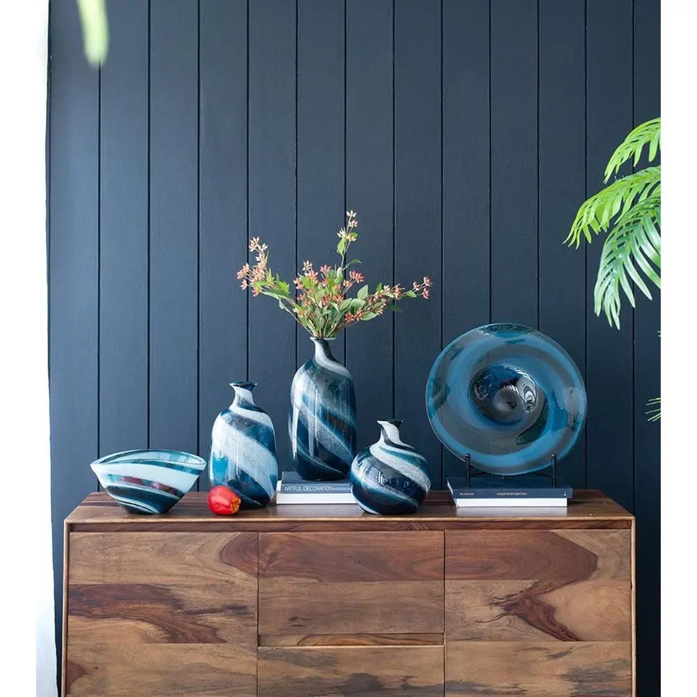 13" Blue And White Striped Swirl Art Glass Table Vase - NOBLE HOME INTERIORS