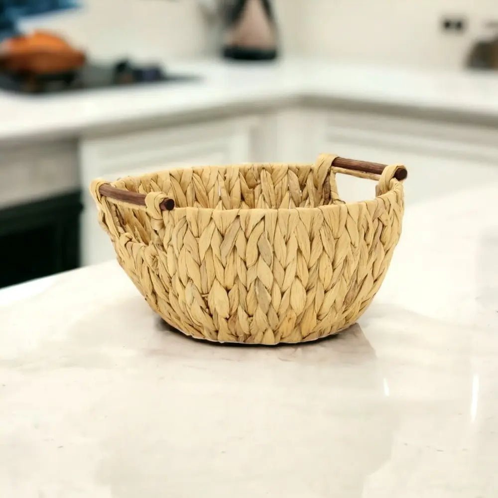 13" Brown Water Hyacinth And Metal Basket - NOBLE HOME INTERIORS