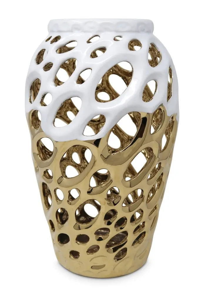 13" Gold And White Pierced Urn Porcelain Table Vase With Sculptural Details - NOBLE HOME INTERIORS