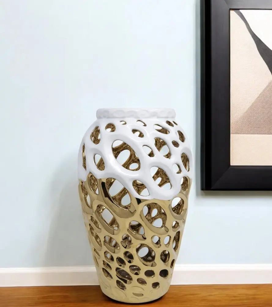 13" Gold And White Pierced Urn Porcelain Table Vase With Sculptural Details - NOBLE HOME INTERIORS