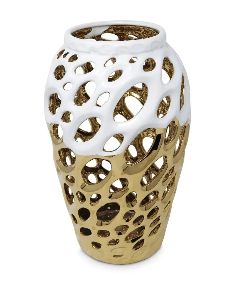 13" Gold And White Pierced Urn Porcelain Table Vase With Sculptural Details - NOBLE HOME INTERIORS