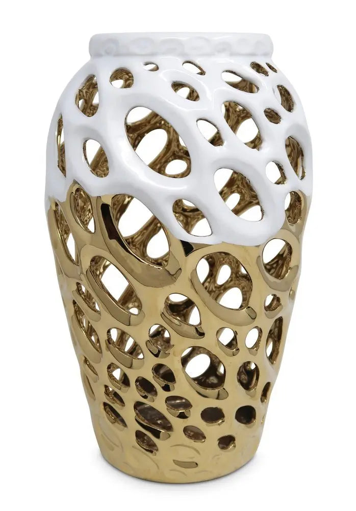 13" Gold And White Pierced Urn Porcelain Table Vase With Sculptural Details - NOBLE HOME INTERIORS