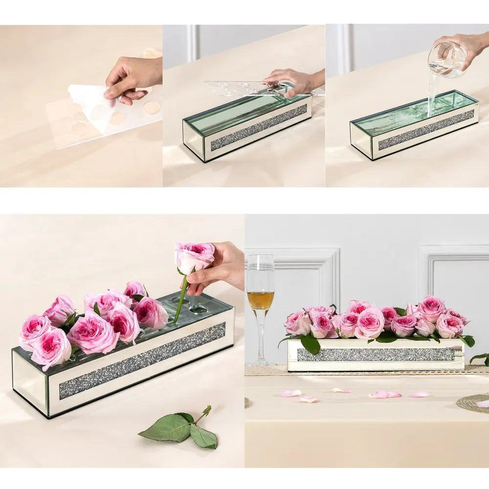 13" Silver Crystal And Mirrored Glass Table Vase With Crystals - NOBLE HOME INTERIORS