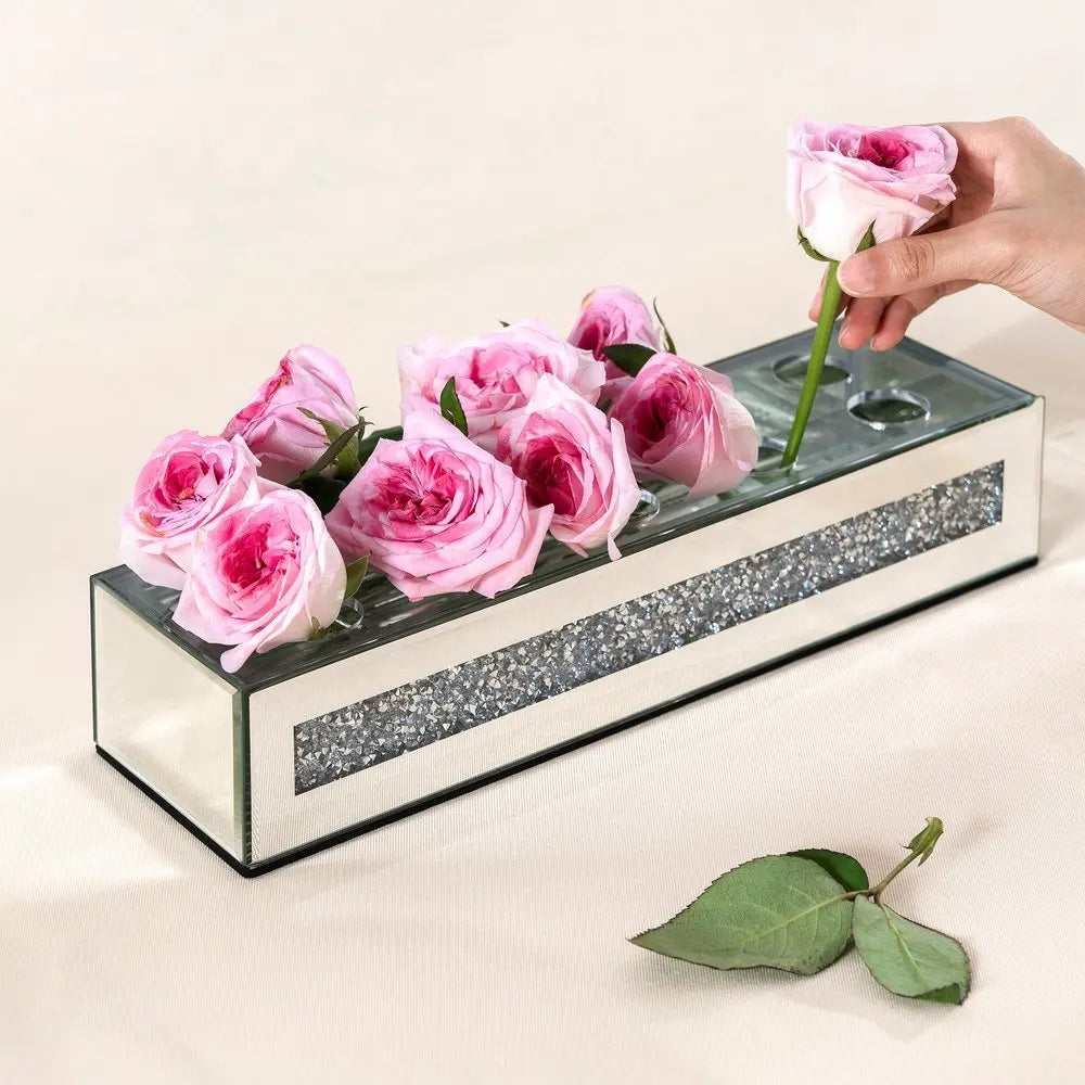 13" Silver Crystal And Mirrored Glass Table Vase With Crystals - NOBLE HOME INTERIORS