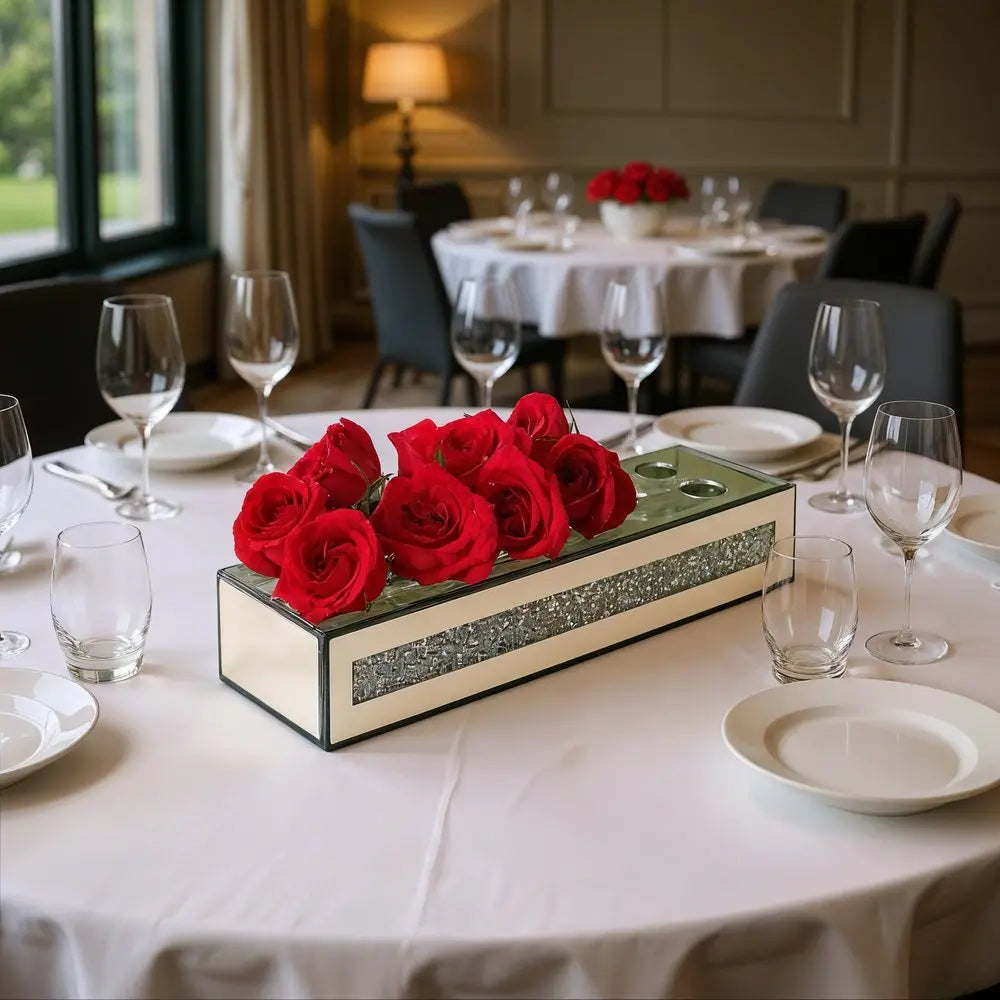 13" Silver Crystal And Mirrored Glass Table Vase With Crystals - NOBLE HOME INTERIORS