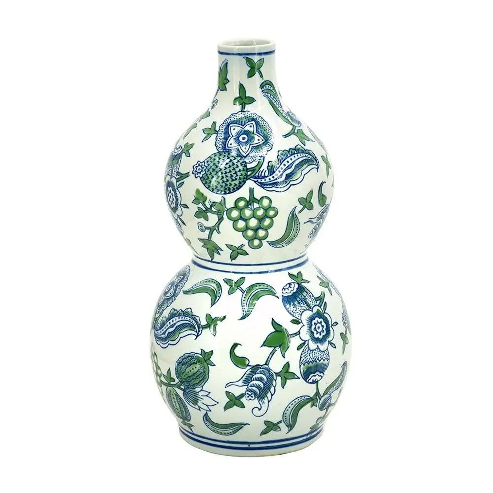 13" White Blue And Green Chinoiserie Porcelain Wavy Gourd Table Vase - NOBLE HOME INTERIORS