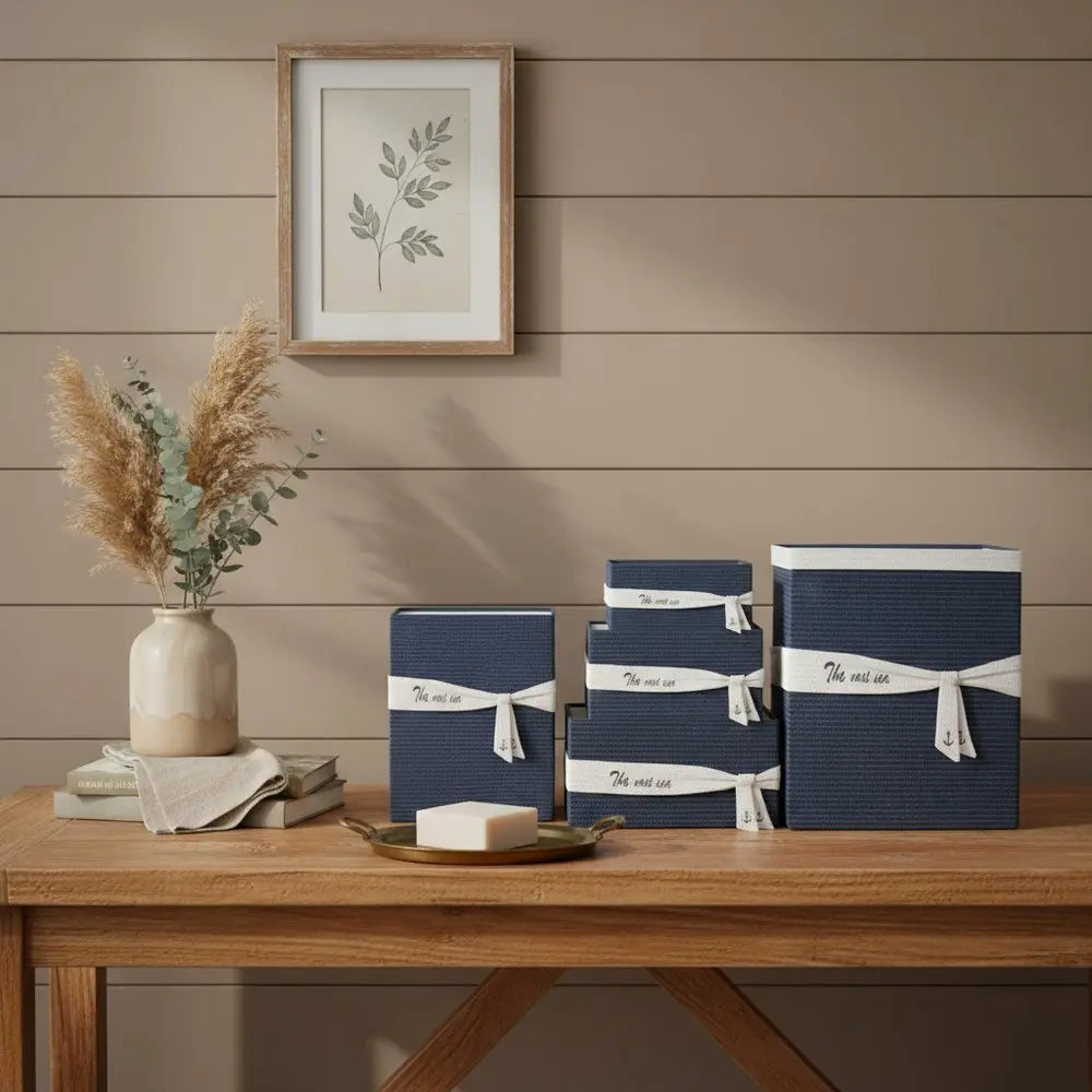 13.5" X 17" X 22.5" Blue Fabric Basket With Bow Decoration Set Of 5 - NOBLE HOME INTERIORS