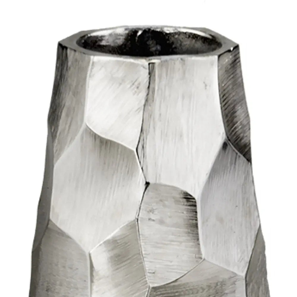 14" Aluminum Silver Faceted Geometric Cylinder Table Vase - NOBLE HOME INTERIORS