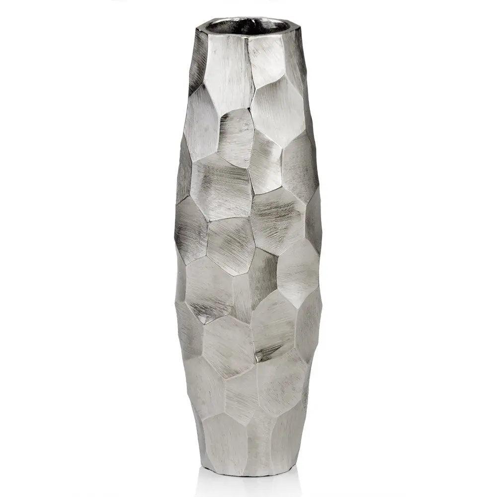 14" Aluminum Silver Faceted Geometric Cylinder Table Vase - NOBLE HOME INTERIORS