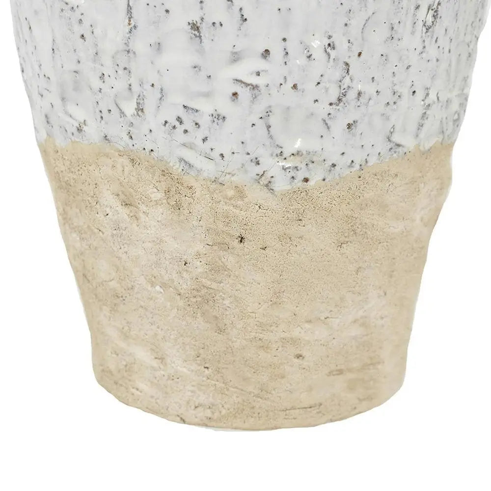 14" Beige And Ivory Color Block Amphora Terracotta Table Vase - NOBLE HOME INTERIORS