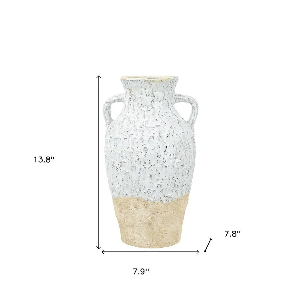 14" Beige And Ivory Color Block Amphora Terracotta Table Vase - NOBLE HOME INTERIORS