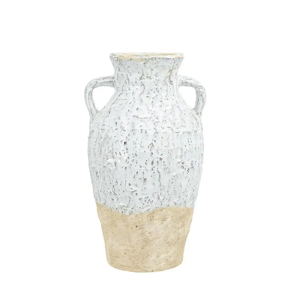 14" Beige And Ivory Color Block Amphora Terracotta Table Vase - NOBLE HOME INTERIORS