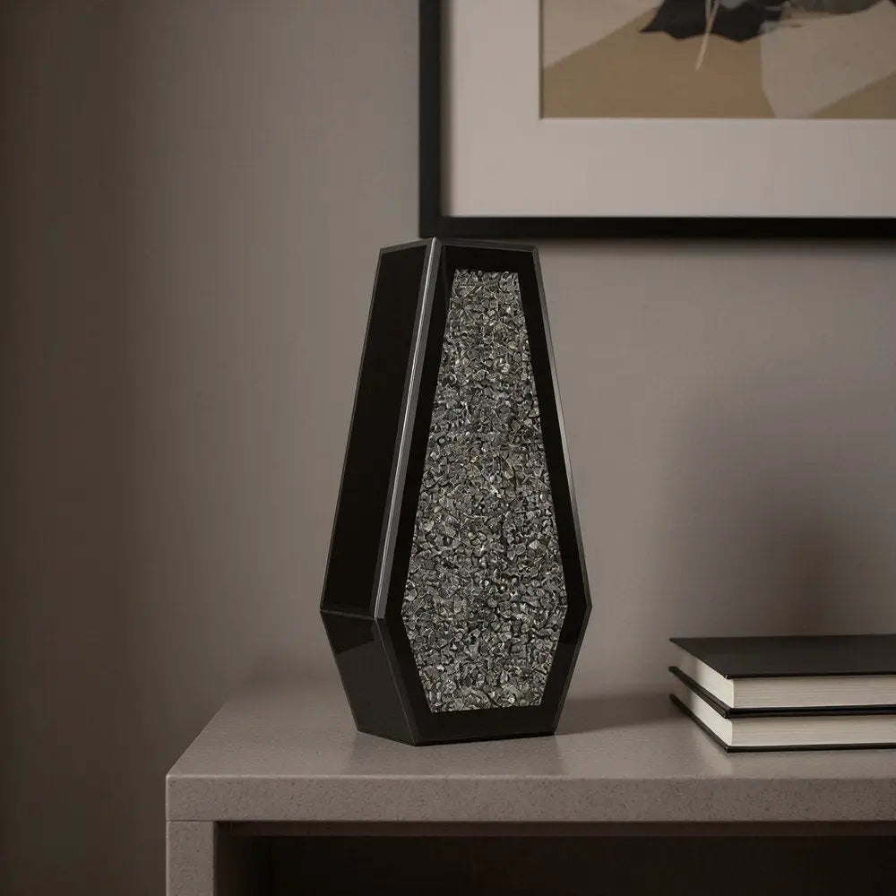 14" Black And Silver Glass Table Vase With Faux Crystals - NOBLE HOME INTERIORS