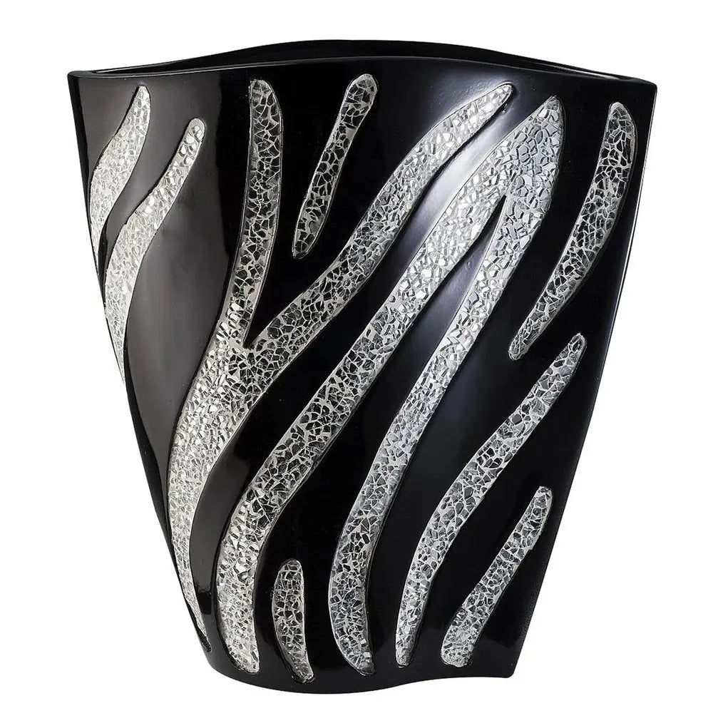 14" Black And Silver Striped Wavy Polyresin Table Vase - NOBLE HOME INTERIORS