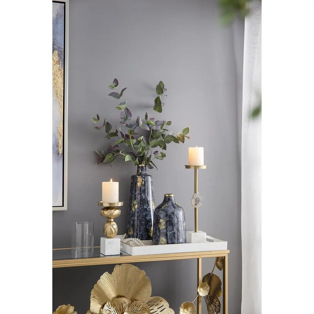 14" Blue And Gold Abstract Bud Glass Table Vase - NOBLE HOME INTERIORS