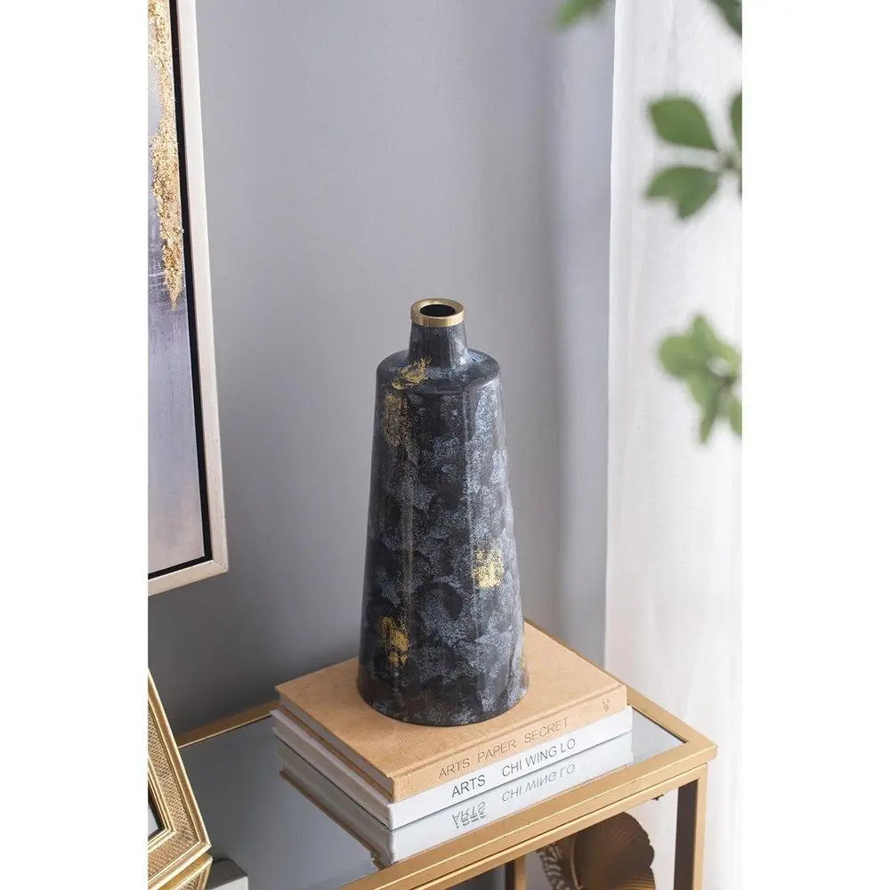 14" Blue And Gold Abstract Bud Glass Table Vase - NOBLE HOME INTERIORS