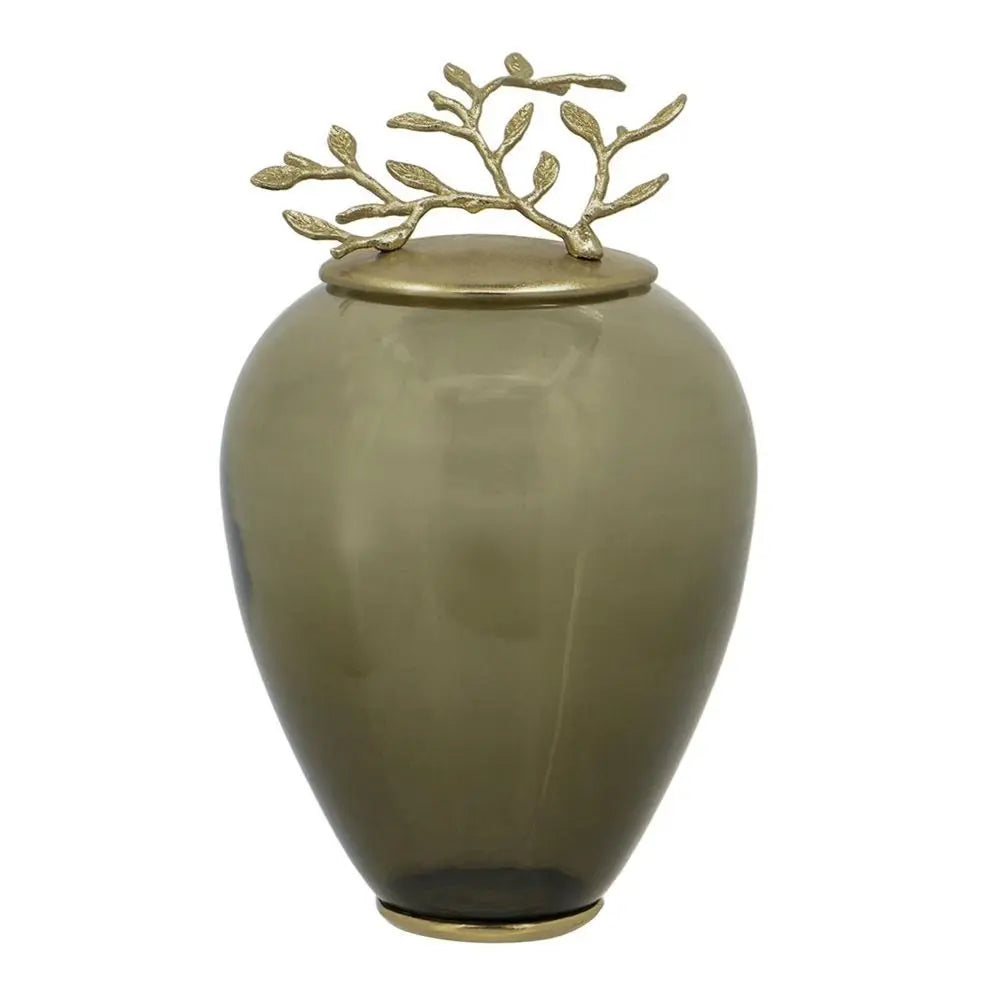 14" Dark Green And Gold Glass And Metal Round Ginger Jar - NOBLE HOME INTERIORS