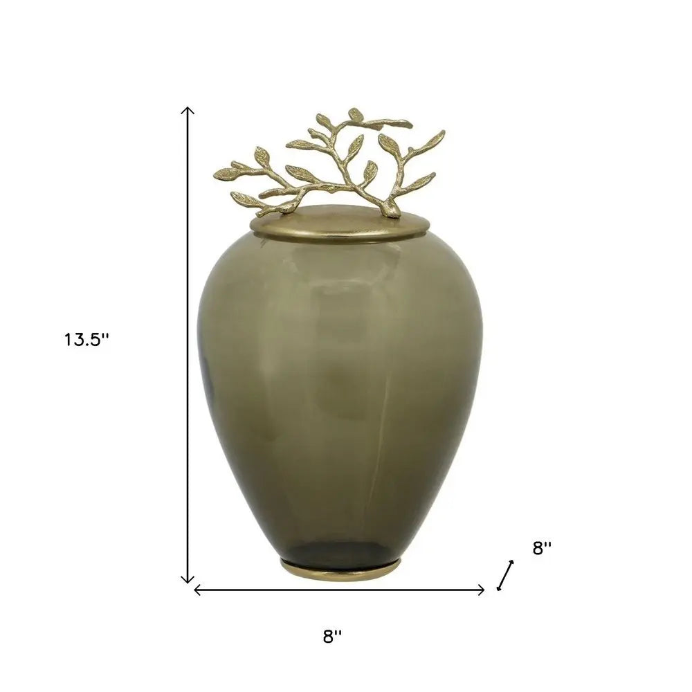 14" Dark Green And Gold Glass And Metal Round Ginger Jar - NOBLE HOME INTERIORS