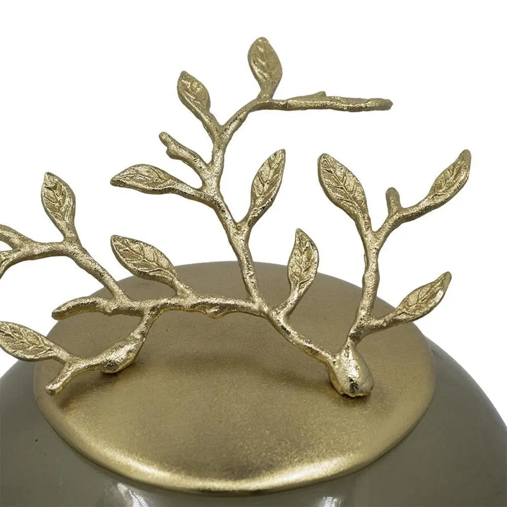 14" Dark Green And Gold Glass And Metal Round Ginger Jar - NOBLE HOME INTERIORS