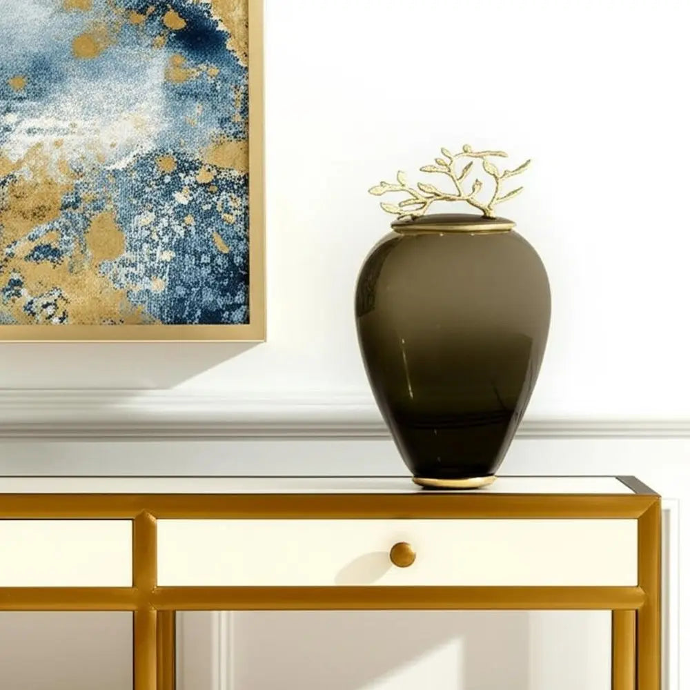 14" Dark Green And Gold Glass And Metal Round Ginger Jar - NOBLE HOME INTERIORS