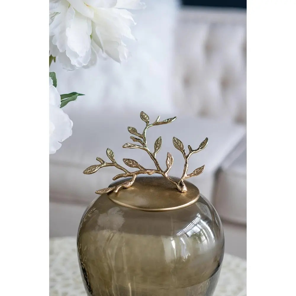 14" Dark Green And Gold Glass And Metal Round Ginger Jar - NOBLE HOME INTERIORS