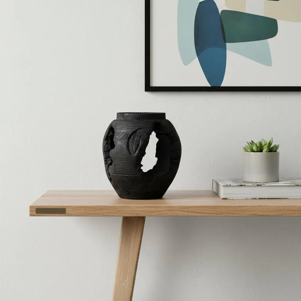 14" Ebony And Black Abstract Solid Wood Table Vase With Sculptural Details - NOBLE HOME INTERIORS