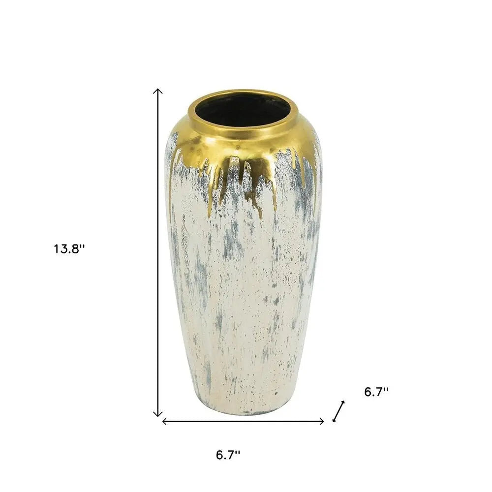 14" Gray Ivory And Gold Modern Abstract Ceramic Table Vase - NOBLE HOME INTERIORS