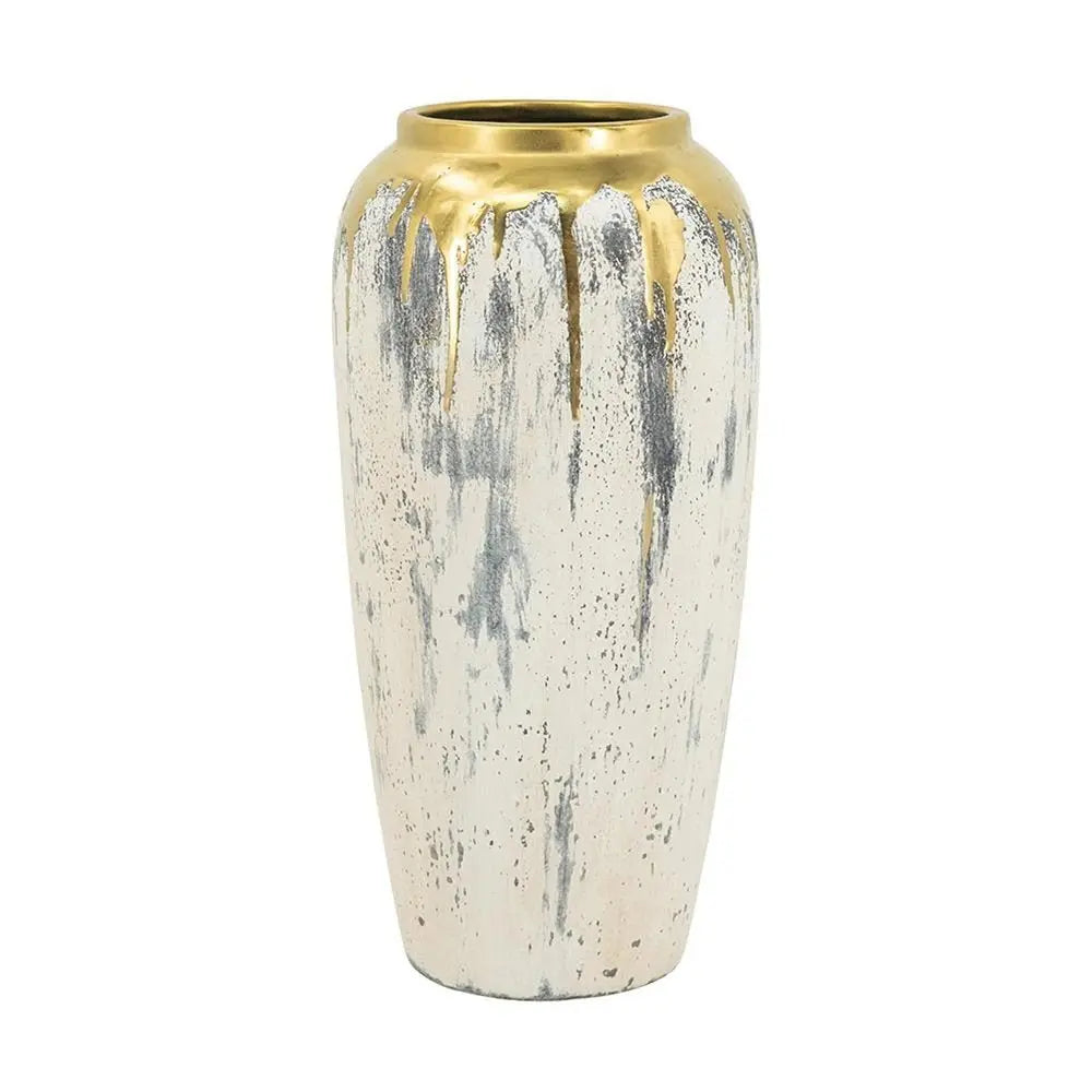 14" Gray Ivory And Gold Modern Abstract Ceramic Table Vase - NOBLE HOME INTERIORS