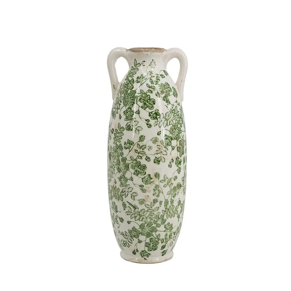 14" Green and White Leaf Amphora Ceramic Table Vase With Does Not Apply - NOBLE HOME INTERIORS