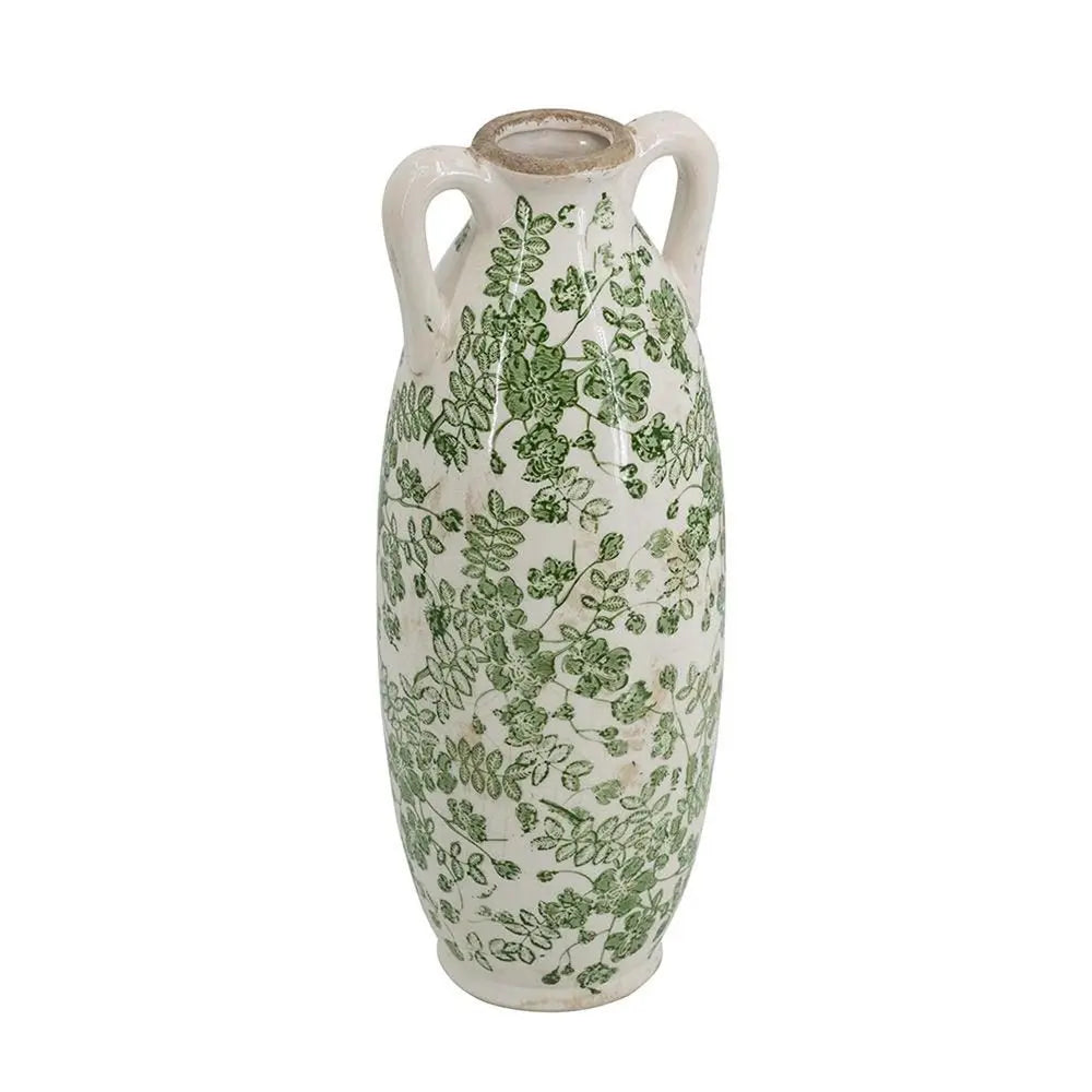 14" Green and White Leaf Amphora Ceramic Table Vase With Does Not Apply - NOBLE HOME INTERIORS