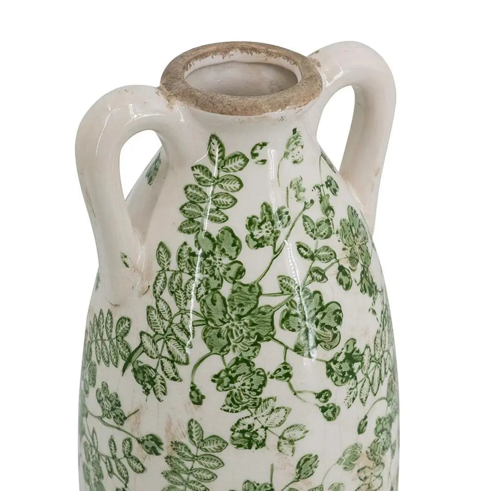 14" Green and White Leaf Amphora Ceramic Table Vase With Does Not Apply - NOBLE HOME INTERIORS