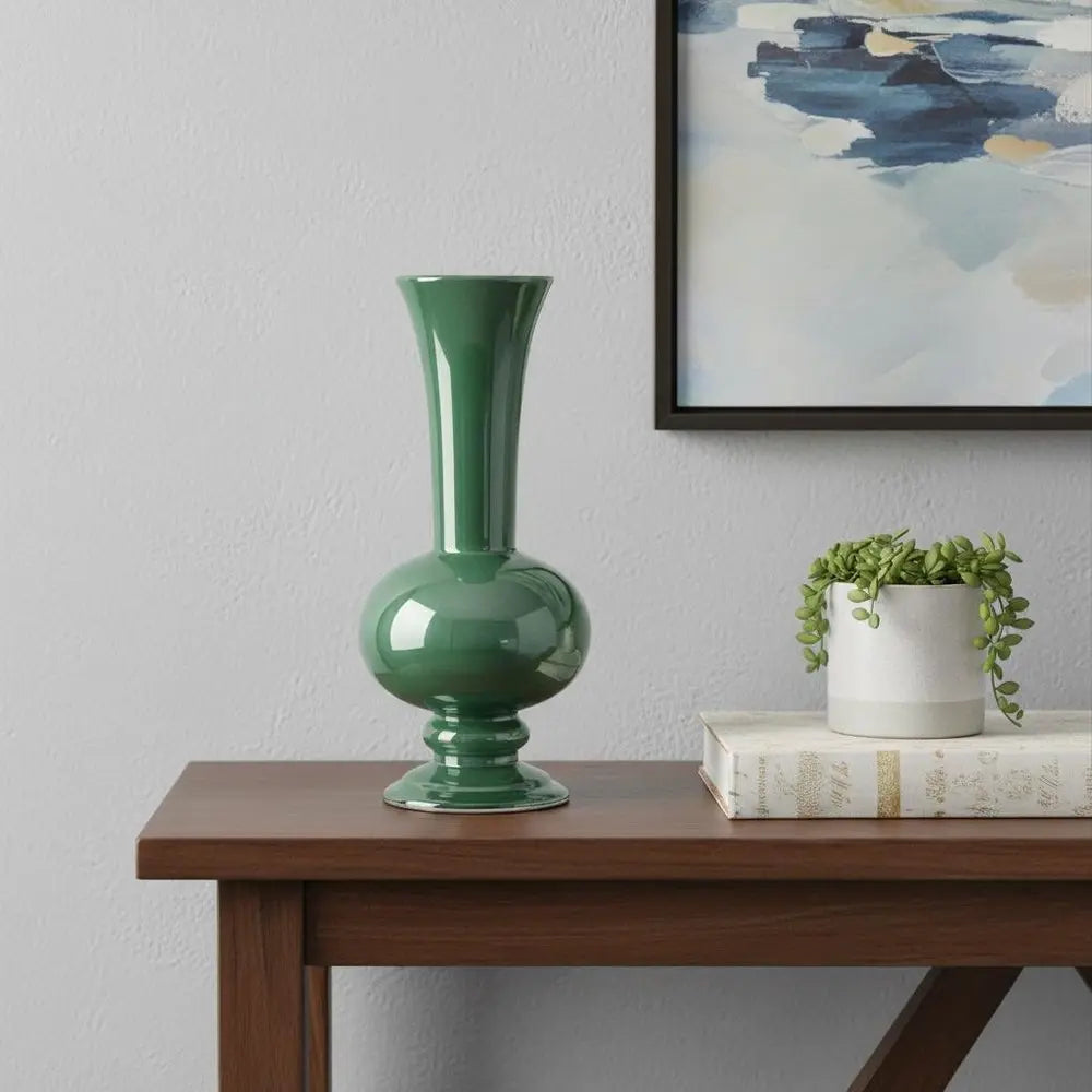 14" Hunter Green Round Ceramic Table Vase - NOBLE HOME INTERIORS