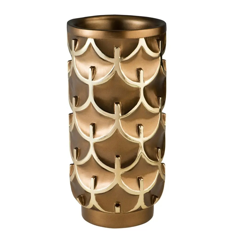 14" Polyresin Gold Geometric Cylinder Table Vase - NOBLE HOME INTERIORS