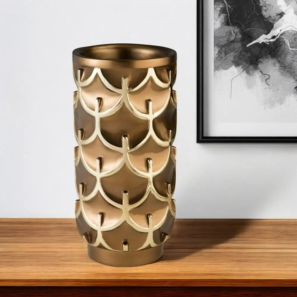 14" Polyresin Gold Geometric Cylinder Table Vase - NOBLE HOME INTERIORS