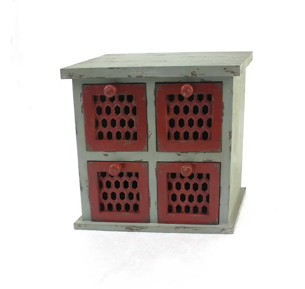 14" Red And White Distressed Wood Four Drawer Desk Organizer - NOBLE HOME INTERIORS